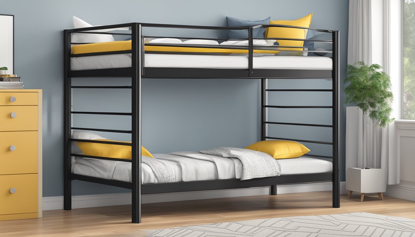 A bunk bed with sturdy, evenly spaced railings and a secure ladder. Dimensions adhere to safety standards for spacing and height