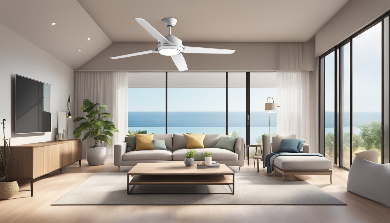 A room with a modern, spacious design. A sleek, silent ceiling fan hangs from a high ceiling, surrounded by soft, natural light
