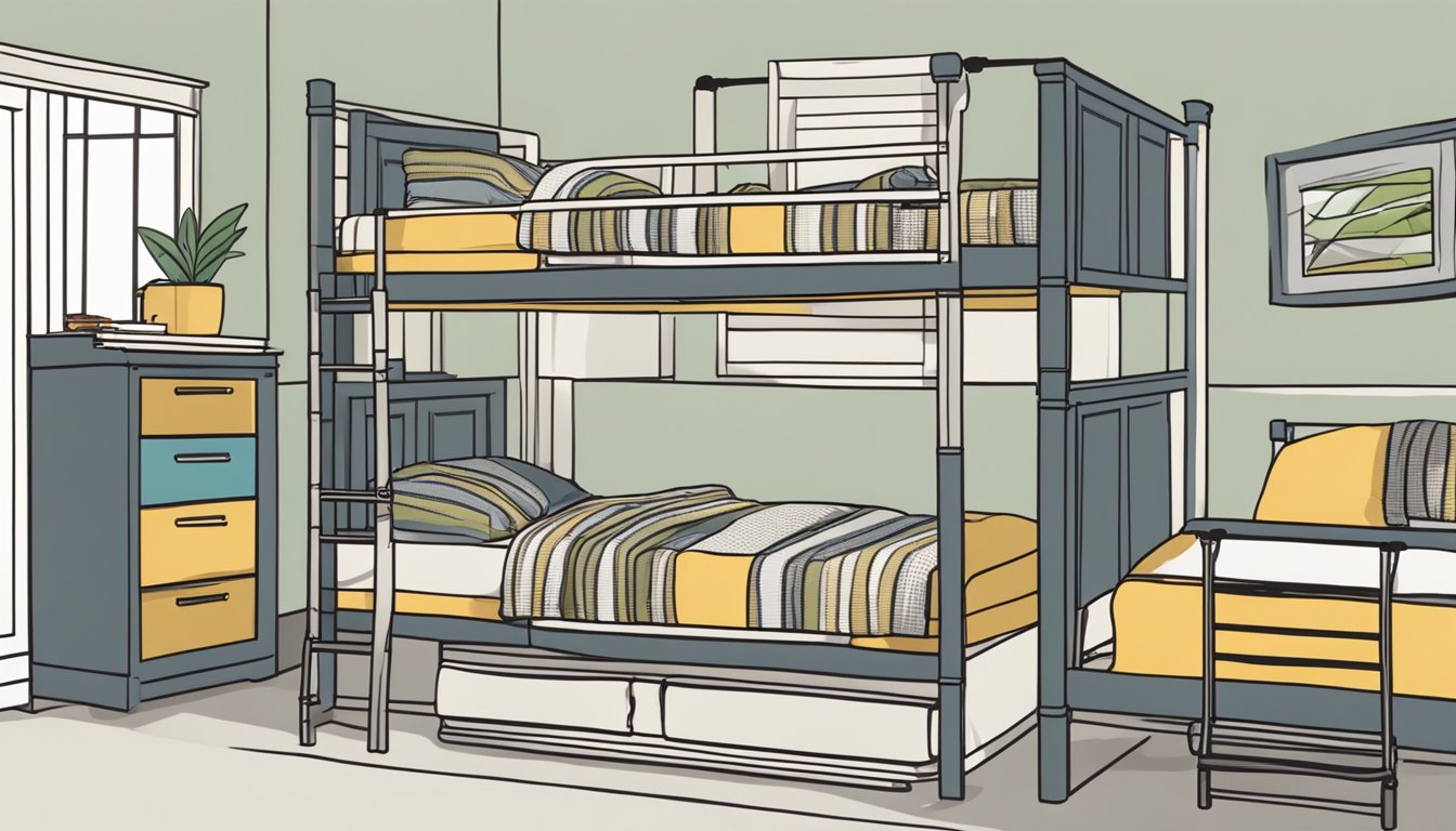 A bunk bed with a ladder, two twin mattresses, and a sign reading "Frequently Asked Questions: bunk bed size" on the wall