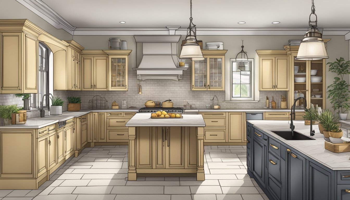 A kitchen with various cabinet styles and sizes, surrounded by tools, materials, and a contractor discussing pricing