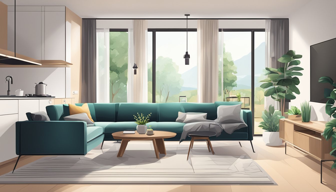 A cozy living room with modern furniture, a spacious kitchen with sleek countertops, and a serene bedroom with a minimalist design