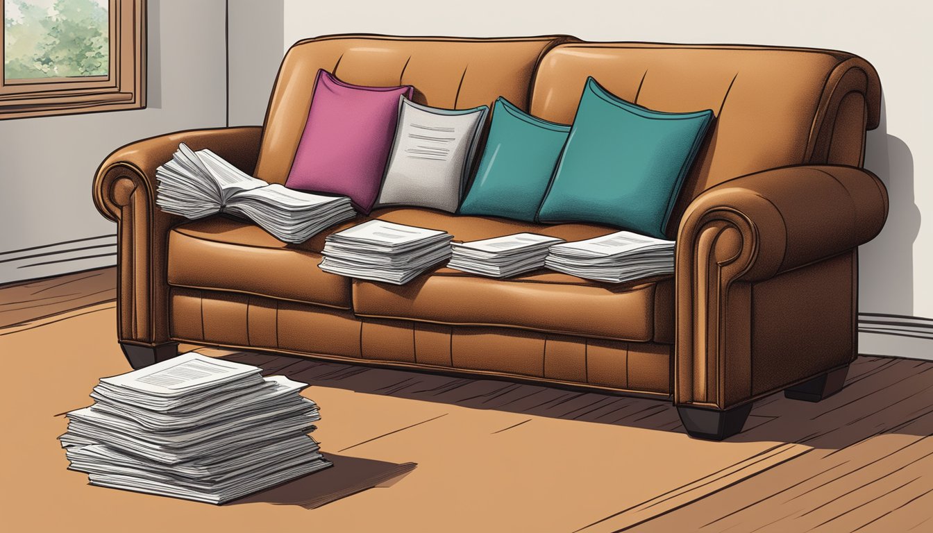A genuine leather sofa surrounded by a stack of frequently asked questions pamphlets