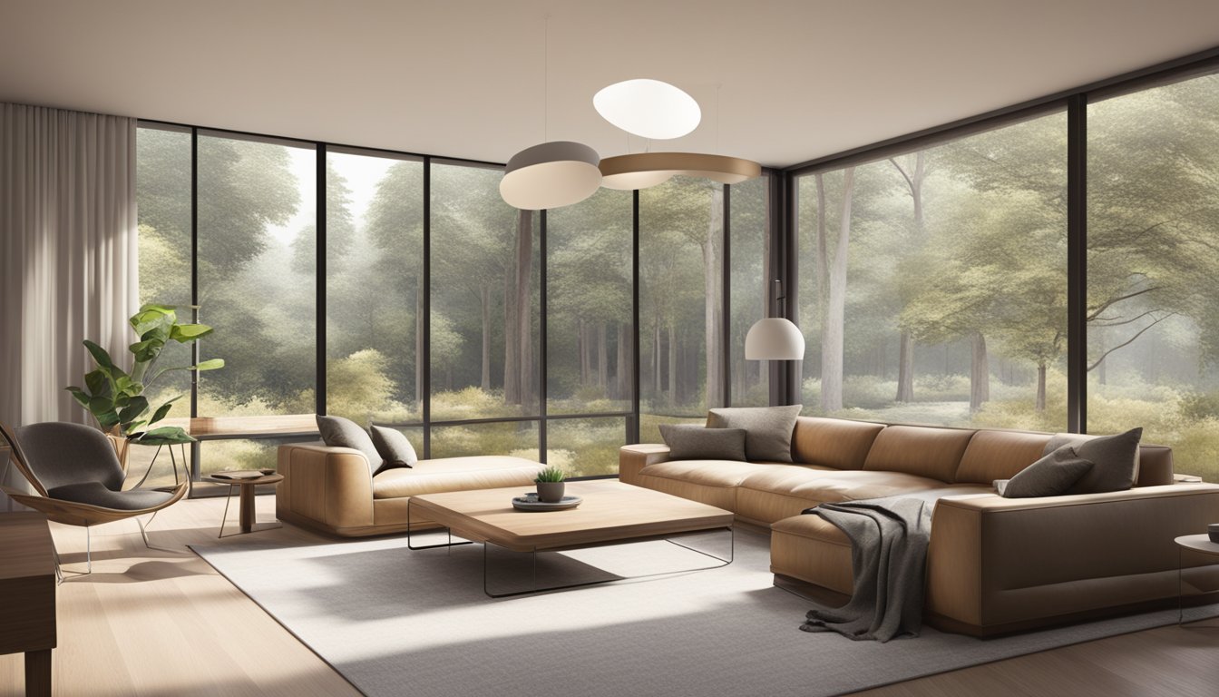 A sleek, minimalist living room with clean lines, neutral colors, and natural materials like wood and leather. Large windows let in plenty of natural light, and there are simple, functional furnishings throughout