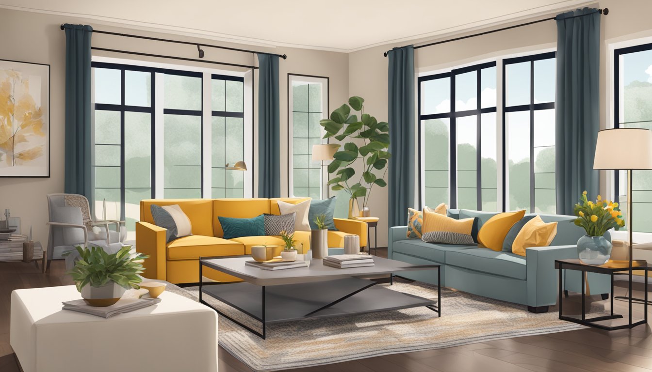 A cozy living room with modern furniture, warm lighting, and a pop of color from decorative accents