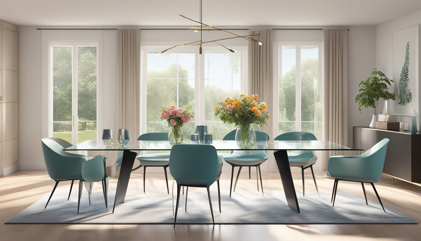 A sleek glass dining table sits in a sunlit room, surrounded by modern chairs. The table is set with minimalist dinnerware and a vase of fresh flowers