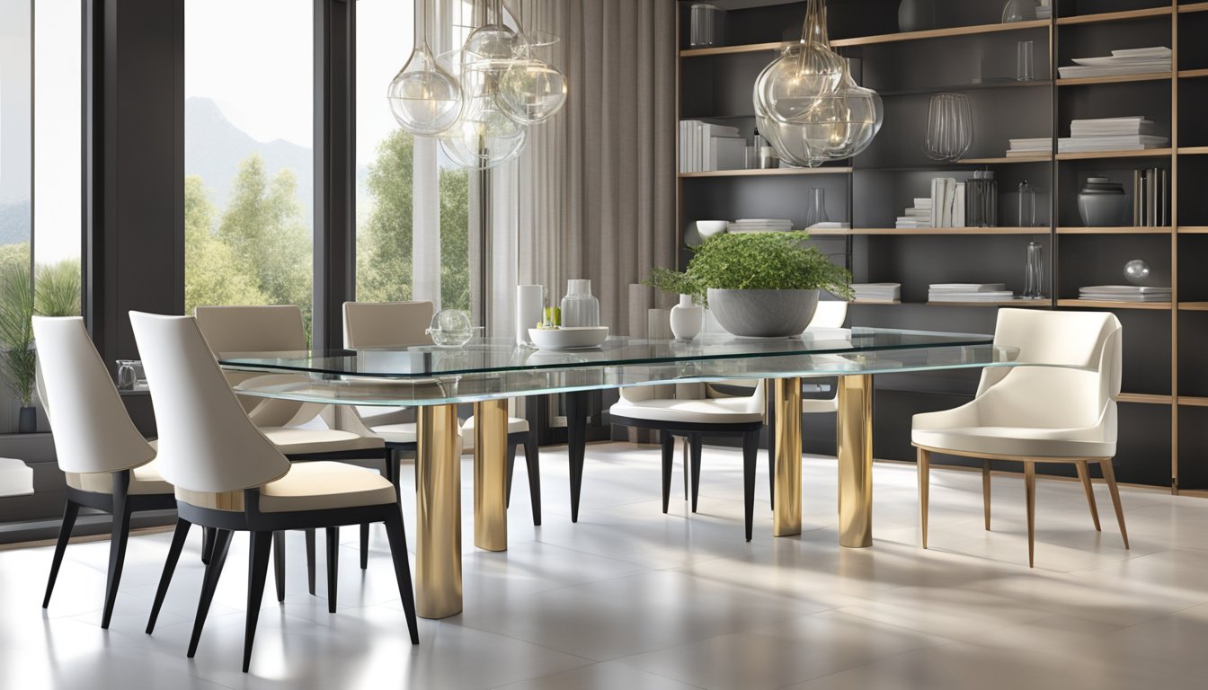 A sleek glass dining table sits in a well-lit room, surrounded by modern chairs. The table reflects the surrounding space, creating a sense of openness and elegance