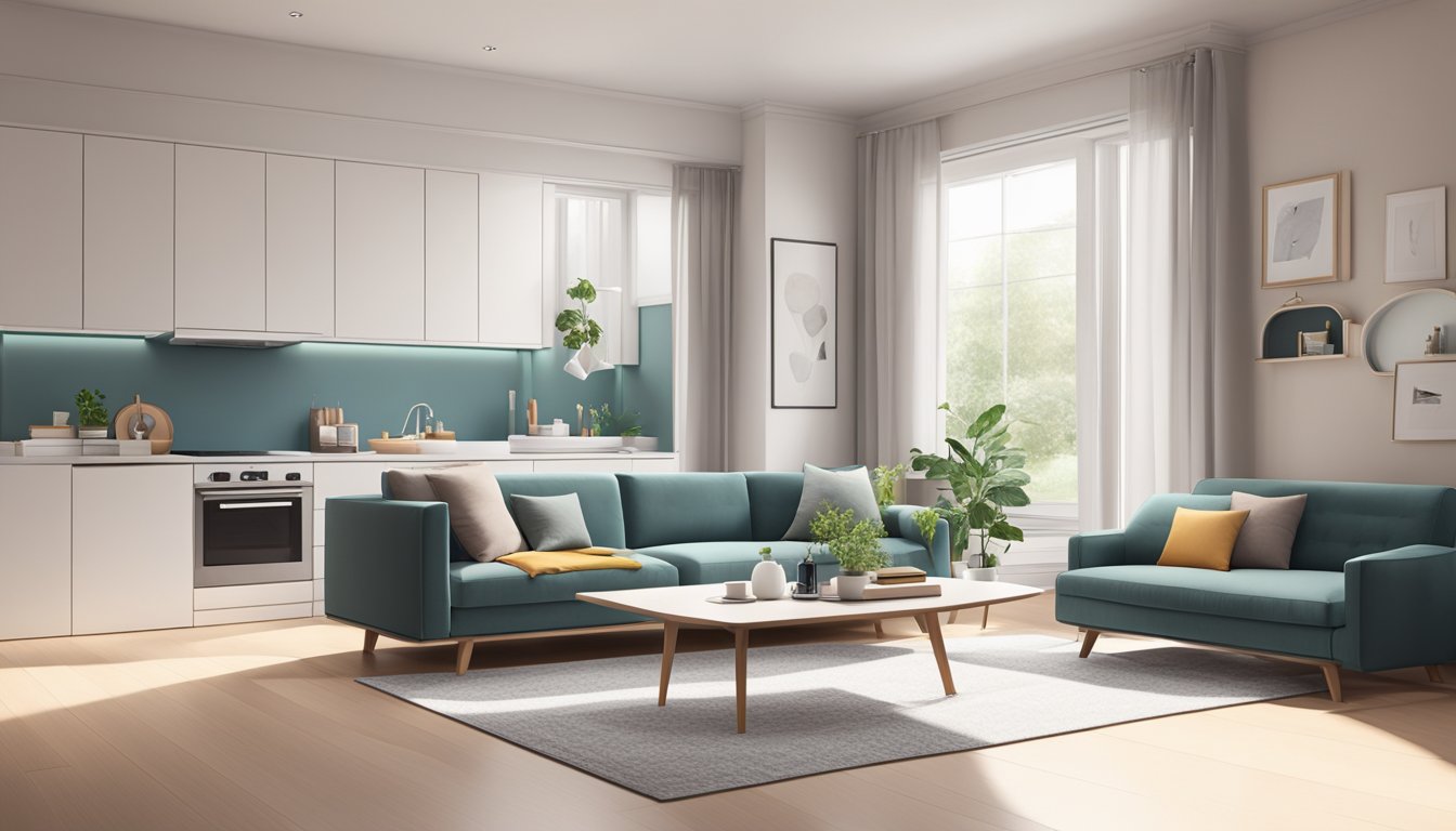 A modern, minimalist living room with sleek furniture and pops of color. A cozy bedroom with a large, comfortable bed and soft lighting. A functional kitchen with plenty of storage and modern appliances