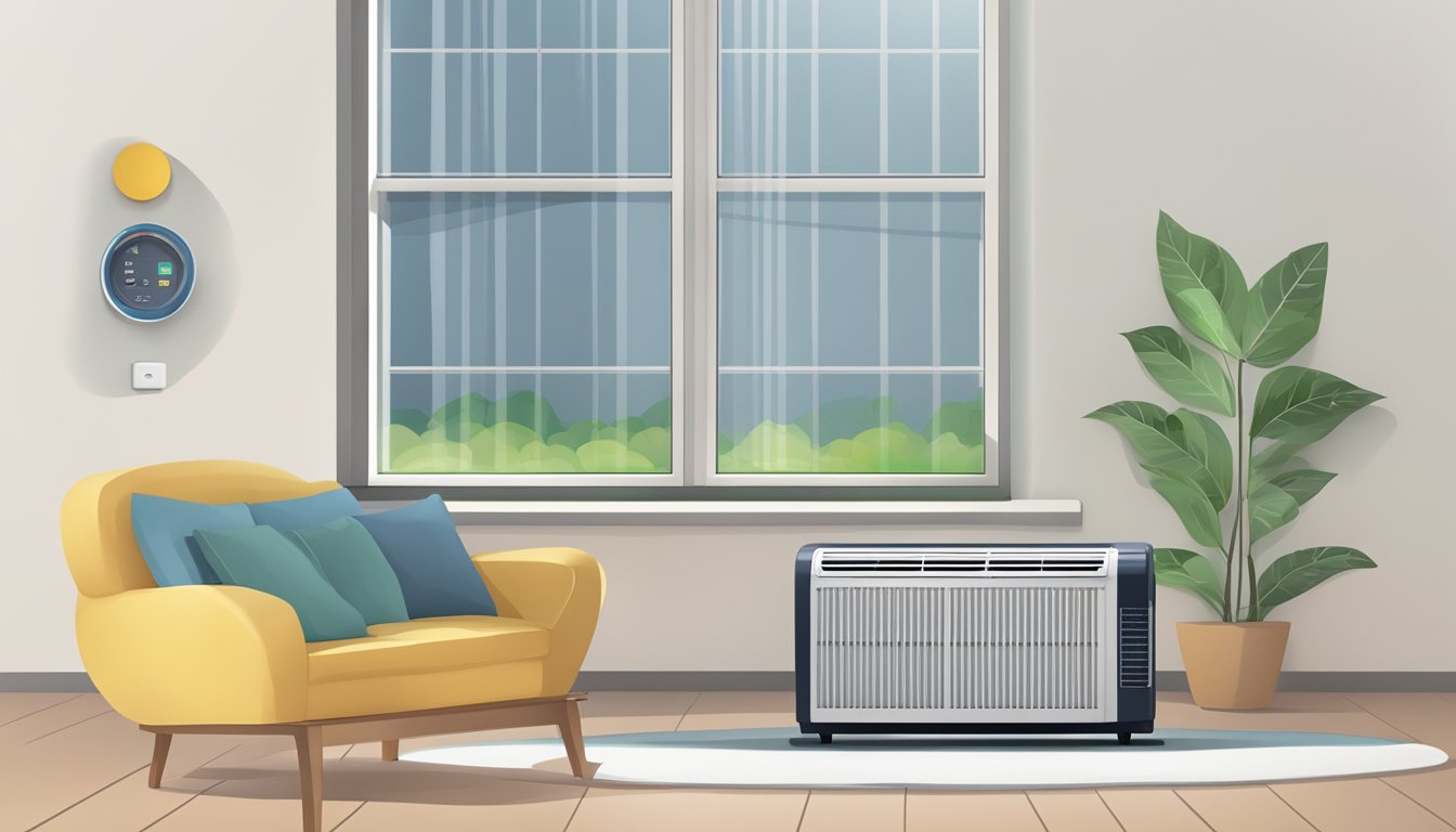 A split-type air conditioner with a dry mode setting activated, showing the airflow directed towards a damp area, with a symbol indicating the dry mode function on the control panel