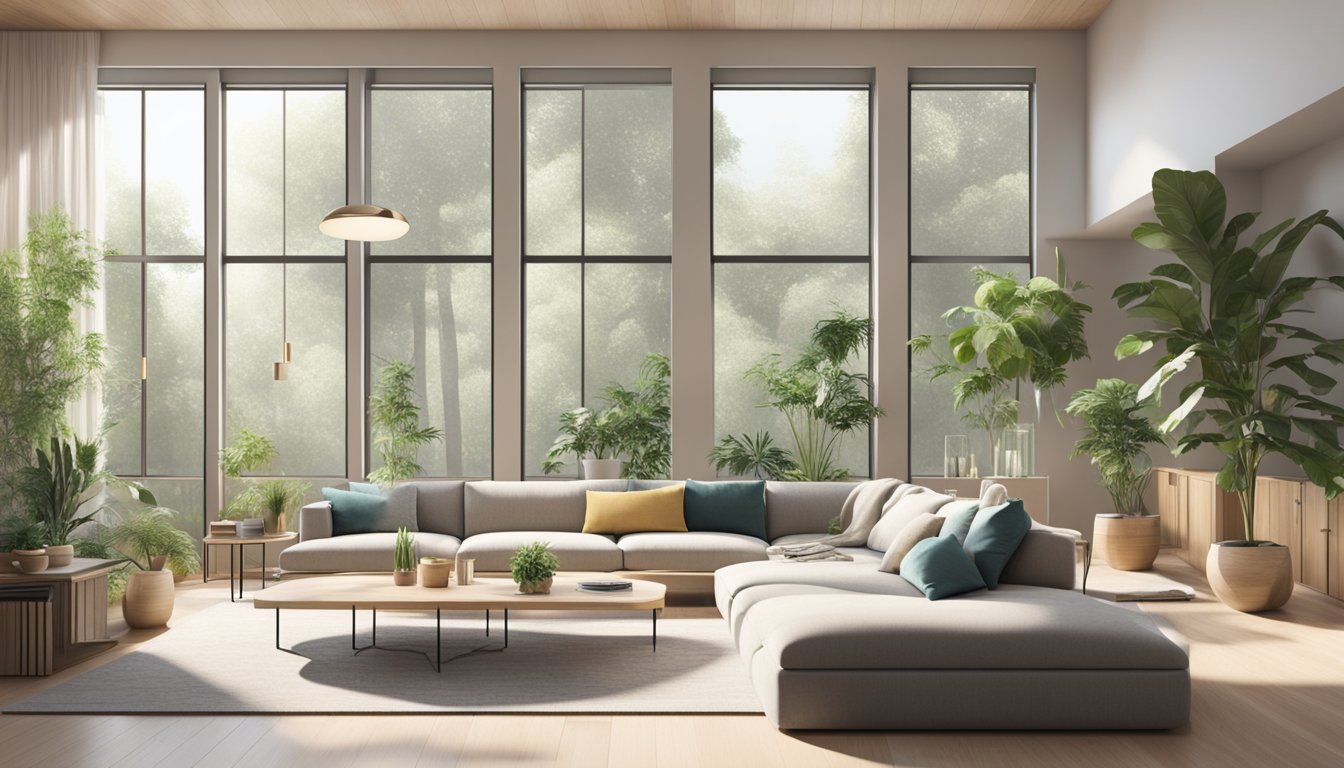A spacious living room with minimalist furniture, natural materials, and neutral colors. Large windows let in plenty of natural light, and plants add a touch of greenery