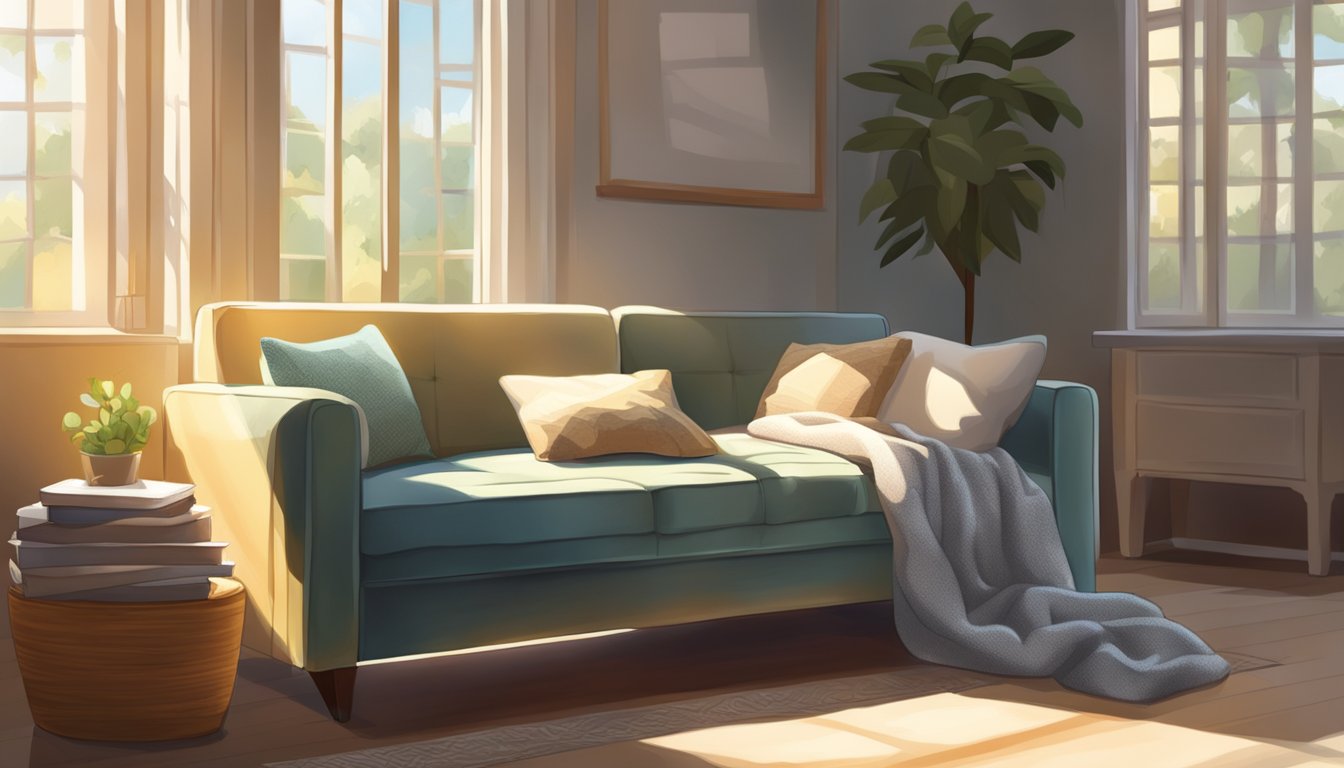 A cozy sofa bed with fluffy pillows and a warm blanket in a sunlit room