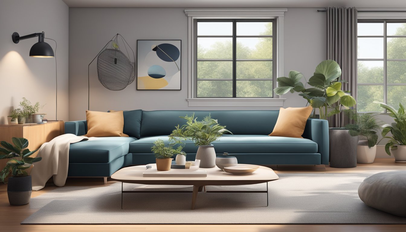 A cozy living room with a sleek, modern sofa bed at its center. Soft, inviting cushions and a stylish design make it the perfect addition to any home
