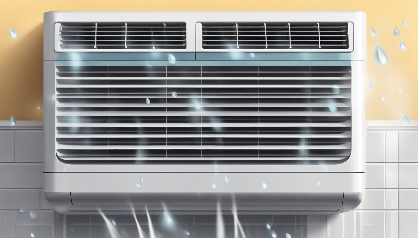 The air conditioner is set to dry mode, with water droplets forming on the cooling coils. The air feels less humid, making the environment more comfortable