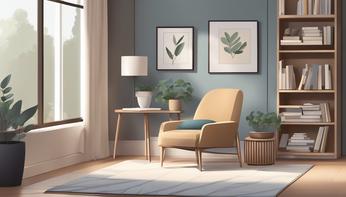 A sleek, minimalist living room with clean lines, muted colors, and natural materials. A cozy reading nook with a plush armchair and a simple, elegant bookshelf