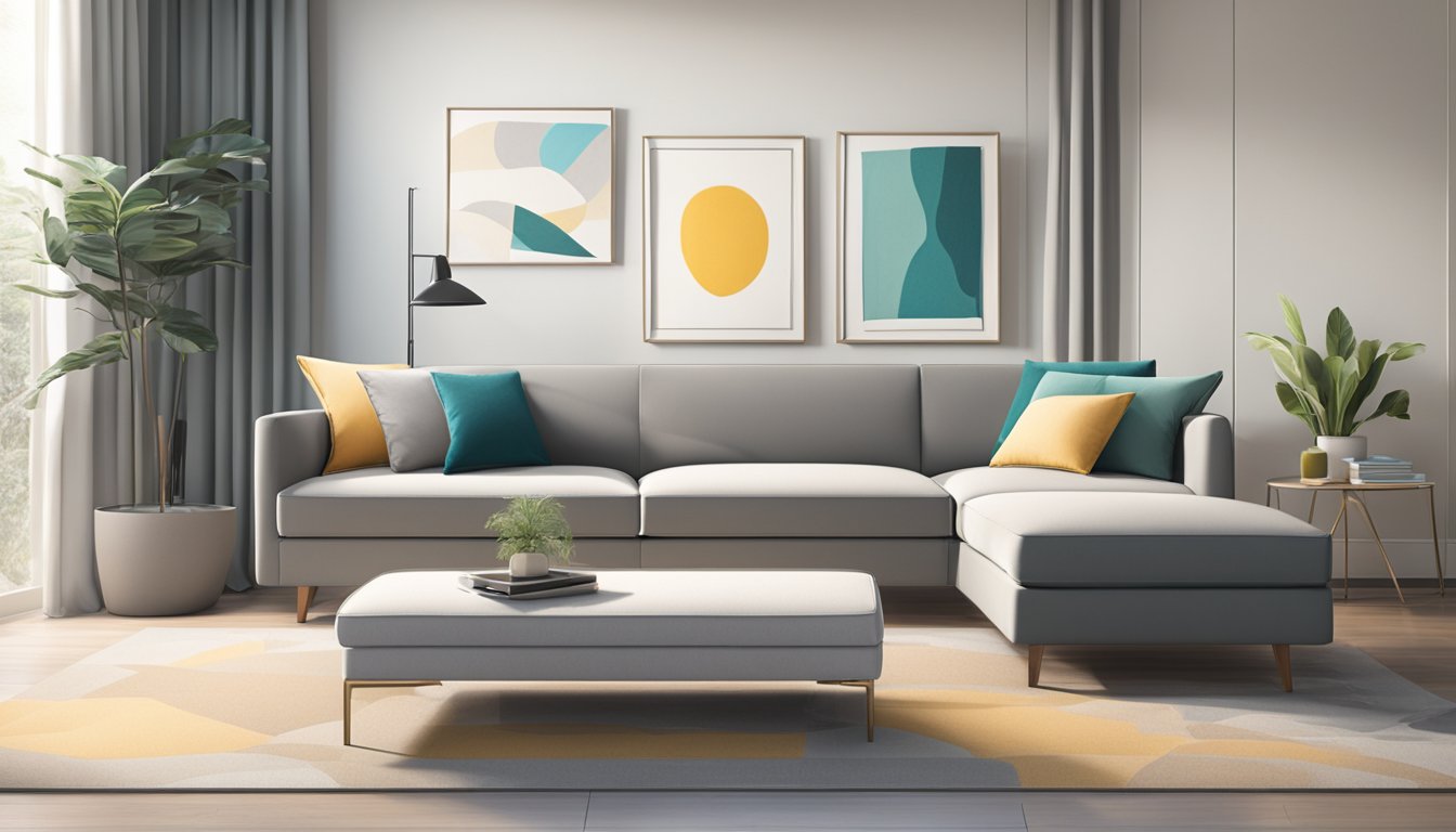 A sleek, modern sofa bed with clean lines and neutral upholstery sits in a well-lit room, accented by a pop of color in the form of a throw pillow