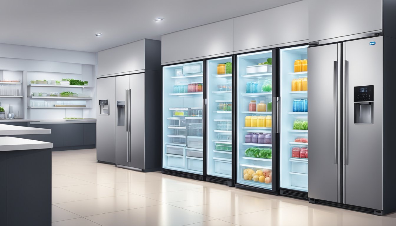 A modern appliance store in Singapore displays a variety of sleek refrigerators, with bright lighting and clean, minimalist design