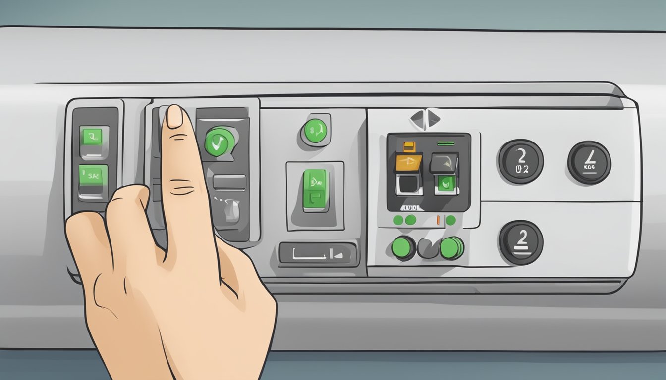 A hand pressing the "Frequently Asked Questions" button on an air conditioning control panel, with the "dry mode" option highlighted