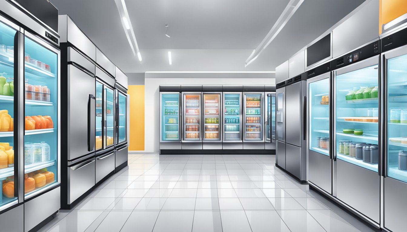 A brightly lit and organized appliance store in Singapore, with rows of sleek and modern refrigerators on display