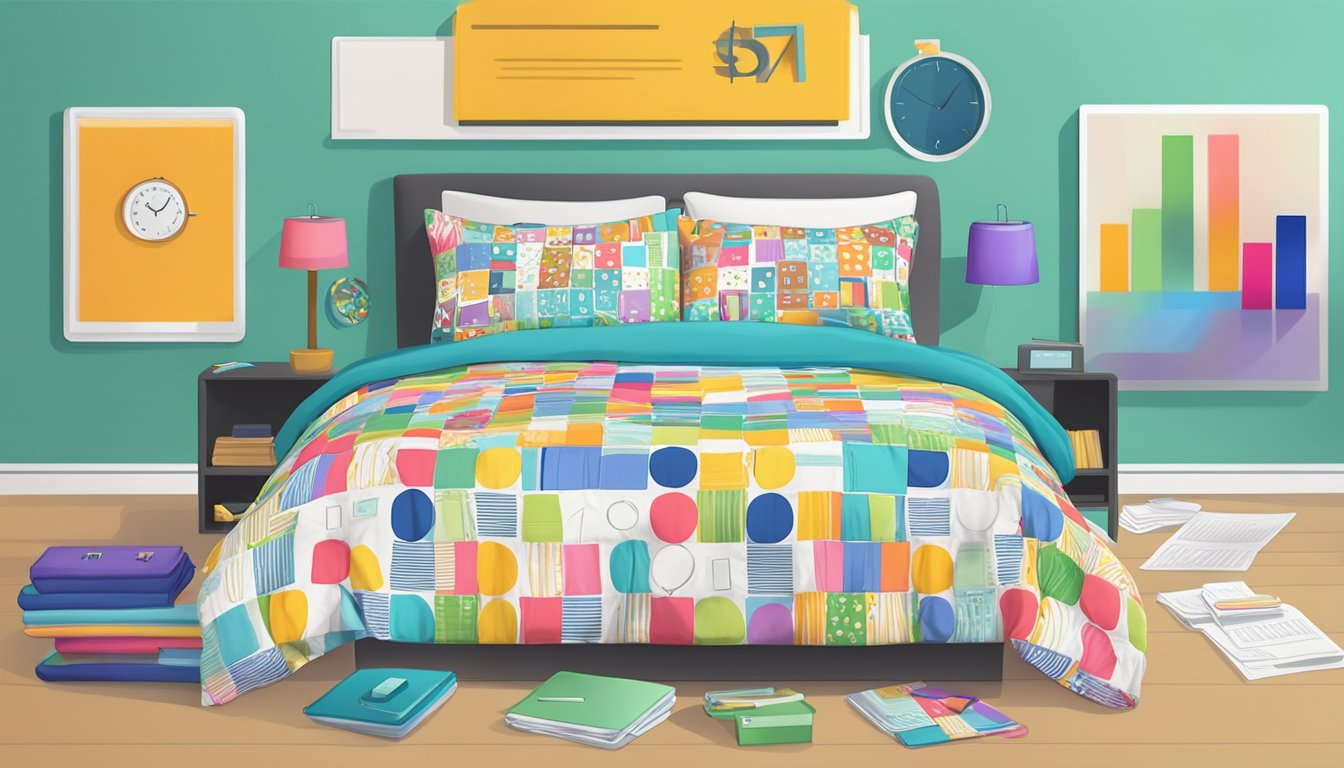 A colorful duvet cover with "Frequently Asked Questions" printed on it, surrounded by price tags and a calculator