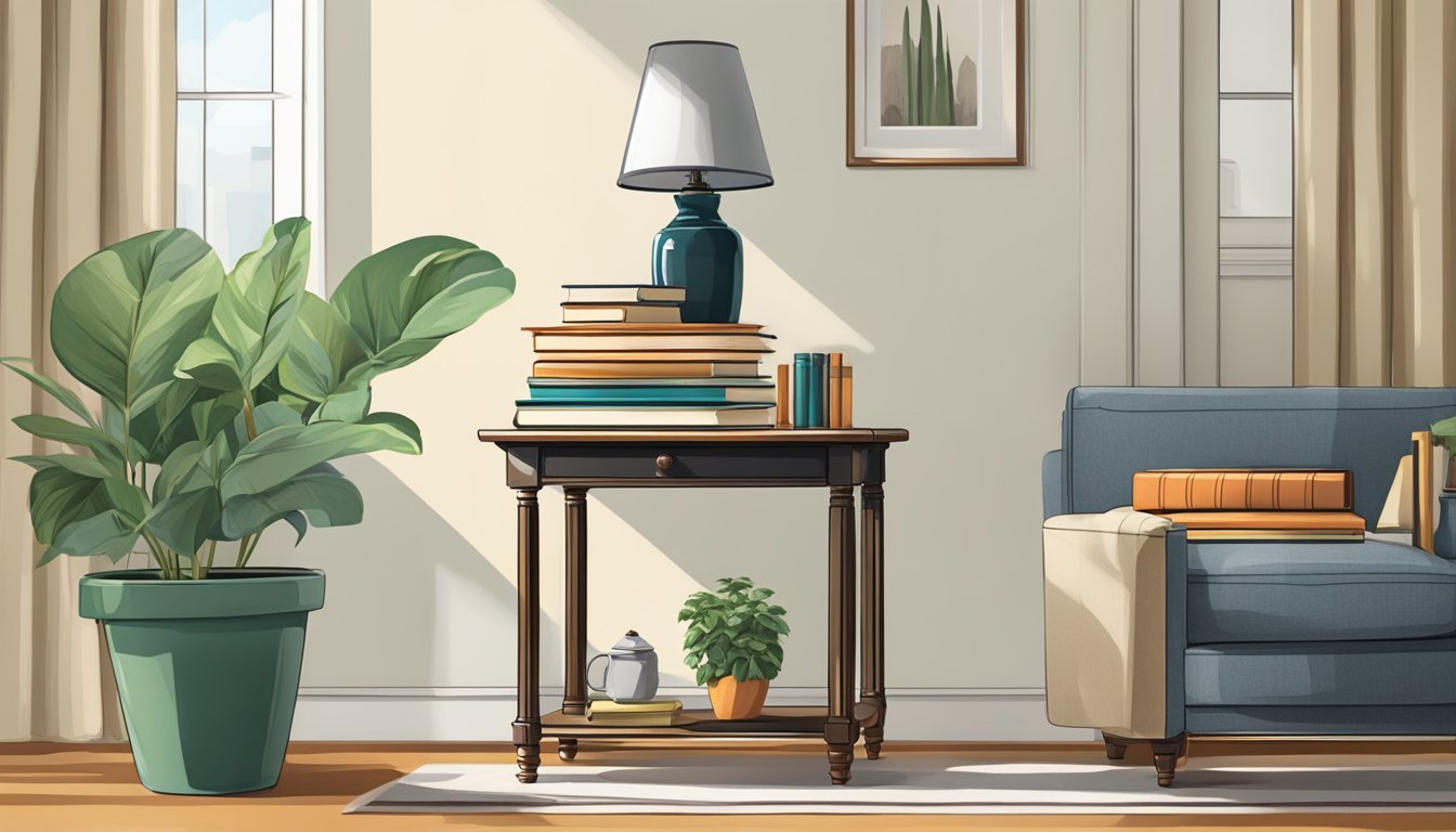 A high side table with a stack of books, a potted plant, and a lamp