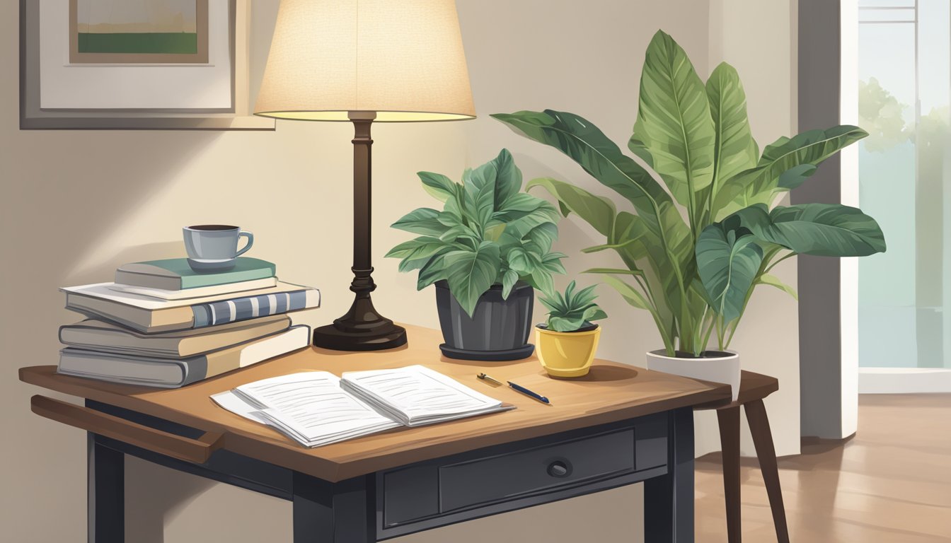 A high side table with a stack of papers, a pen, and a potted plant on top, next to a lamp and a chair