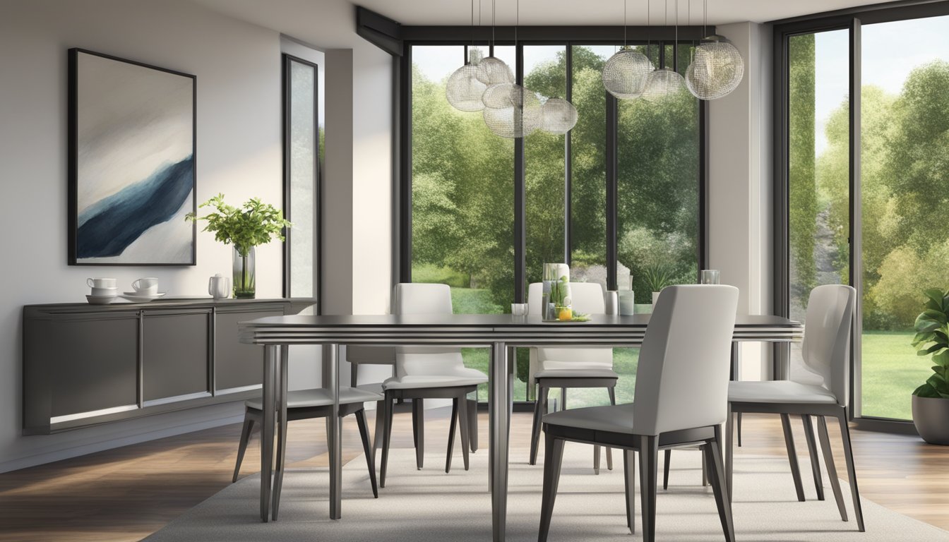 A steel dining table set with four chairs, a sleek and modern design, placed in a well-lit dining room with a large window overlooking a lush garden