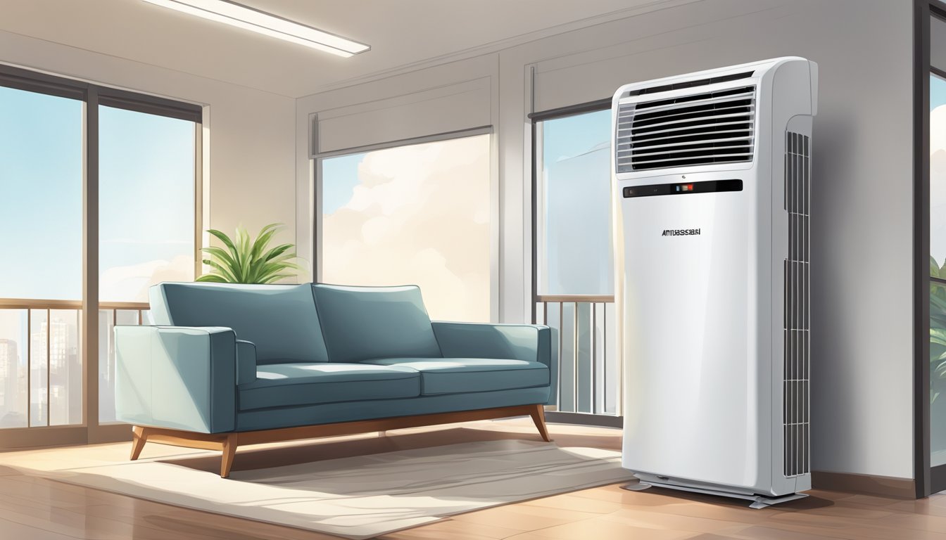 A Mitsubishi aircon unit sits on a wall, surrounded by a clean and modern interior. The room is well-lit, with a comfortable and inviting atmosphere