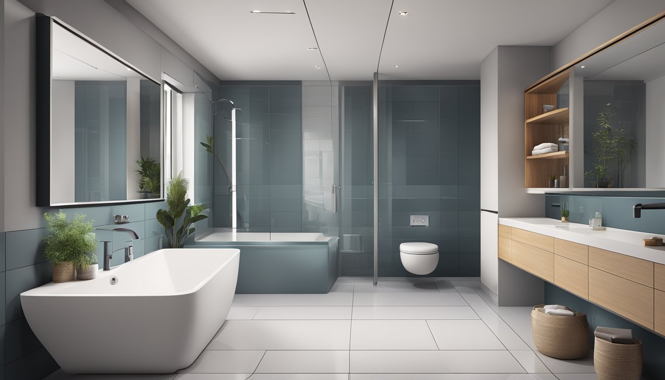 A modern bathroom with sleek and affordable fittings, including a toilet, sink, and accessories. Clean and minimalist design
