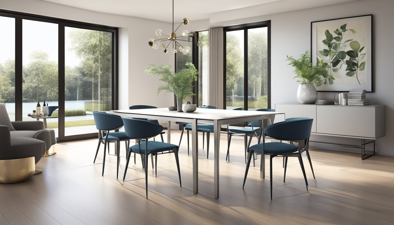 A steel dining table set stands in a modern, minimalist room with clean lines and ample natural light streaming in. The table is sleek and functional, with matching chairs adding to the overall aesthetic