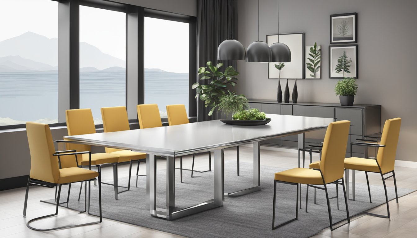 A sleek steel dining table set with clean lines and minimalistic design, surrounded by comfortable chairs with cushioned seats and backs