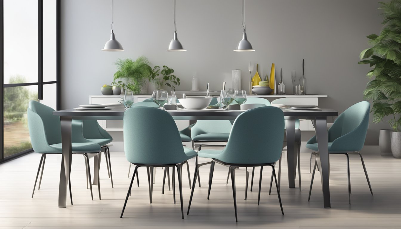 A modern steel dining table set with chairs, placemats, and cutlery arranged neatly for a meal