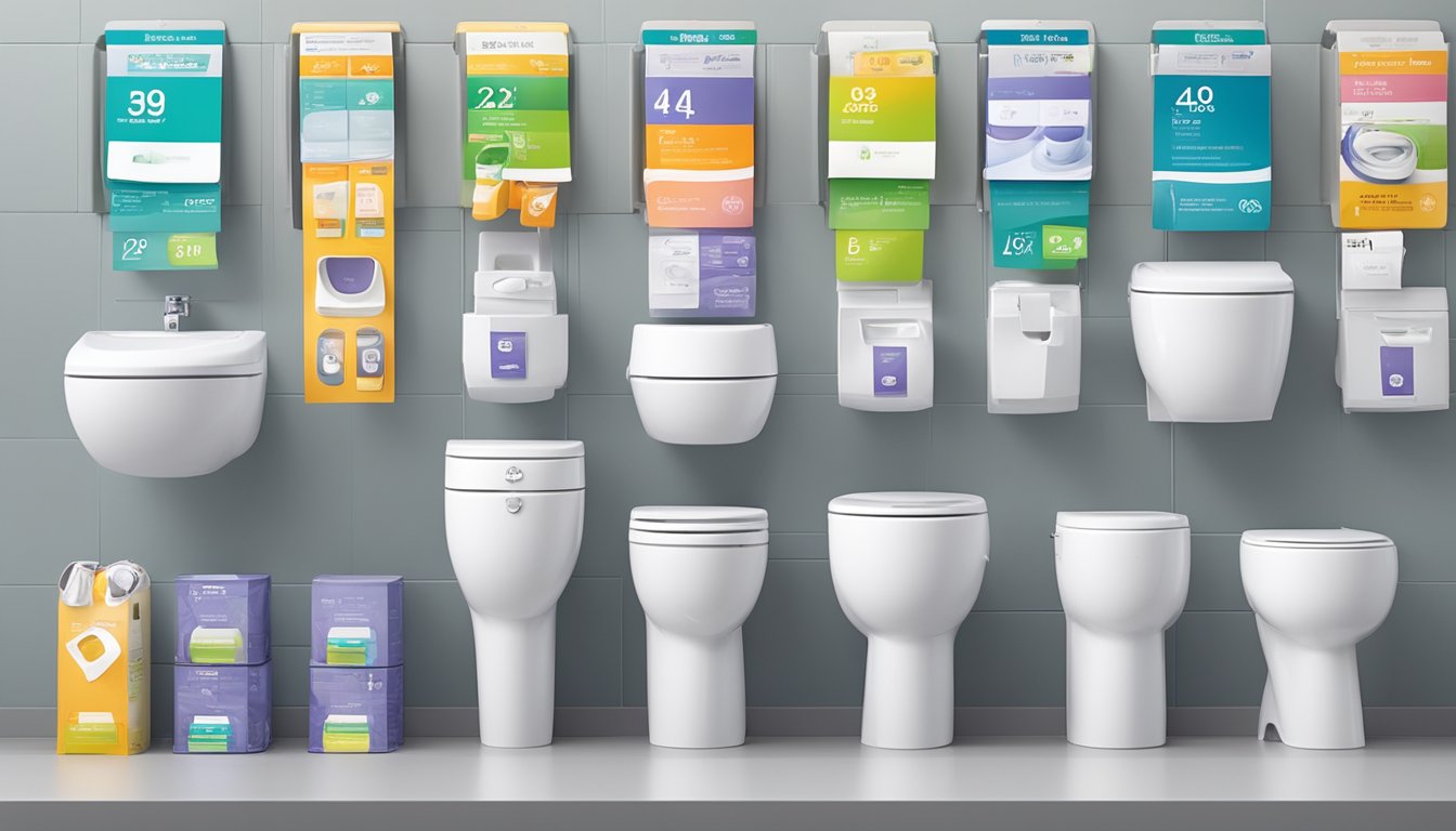 A display of various affordable toilet accessories in a Singapore store, with clear price tags and labels for easy customer reference
