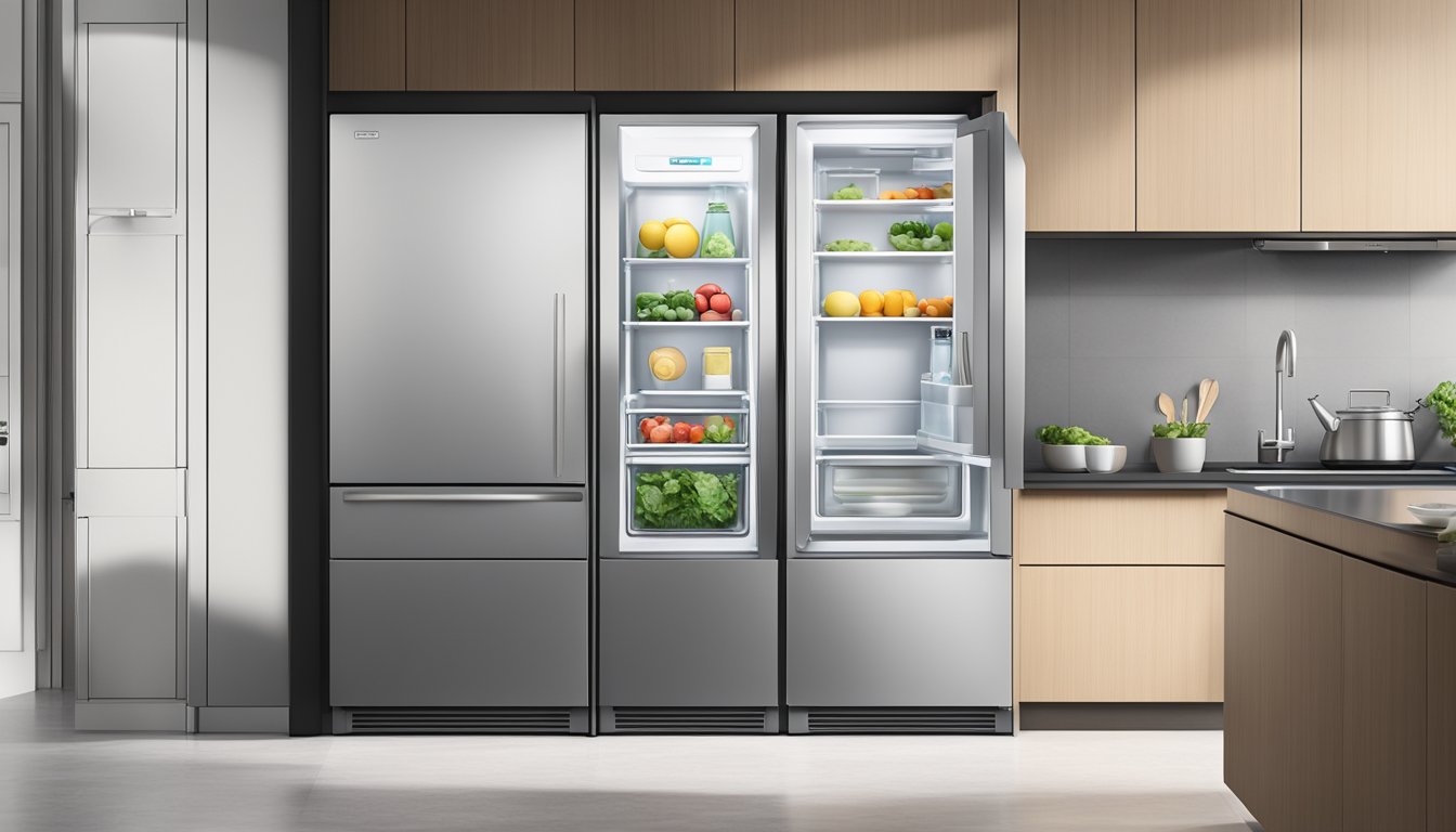 A sleek 2-door fridge in a modern Singaporean kitchen, with clean lines and stainless steel finish