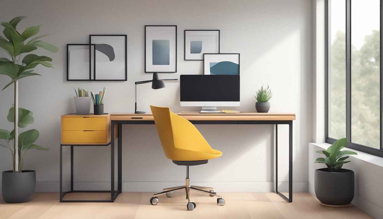 A sleek compact desk with drawers sits against a wall, showcasing its modern design and functionality for a minimalist workspace