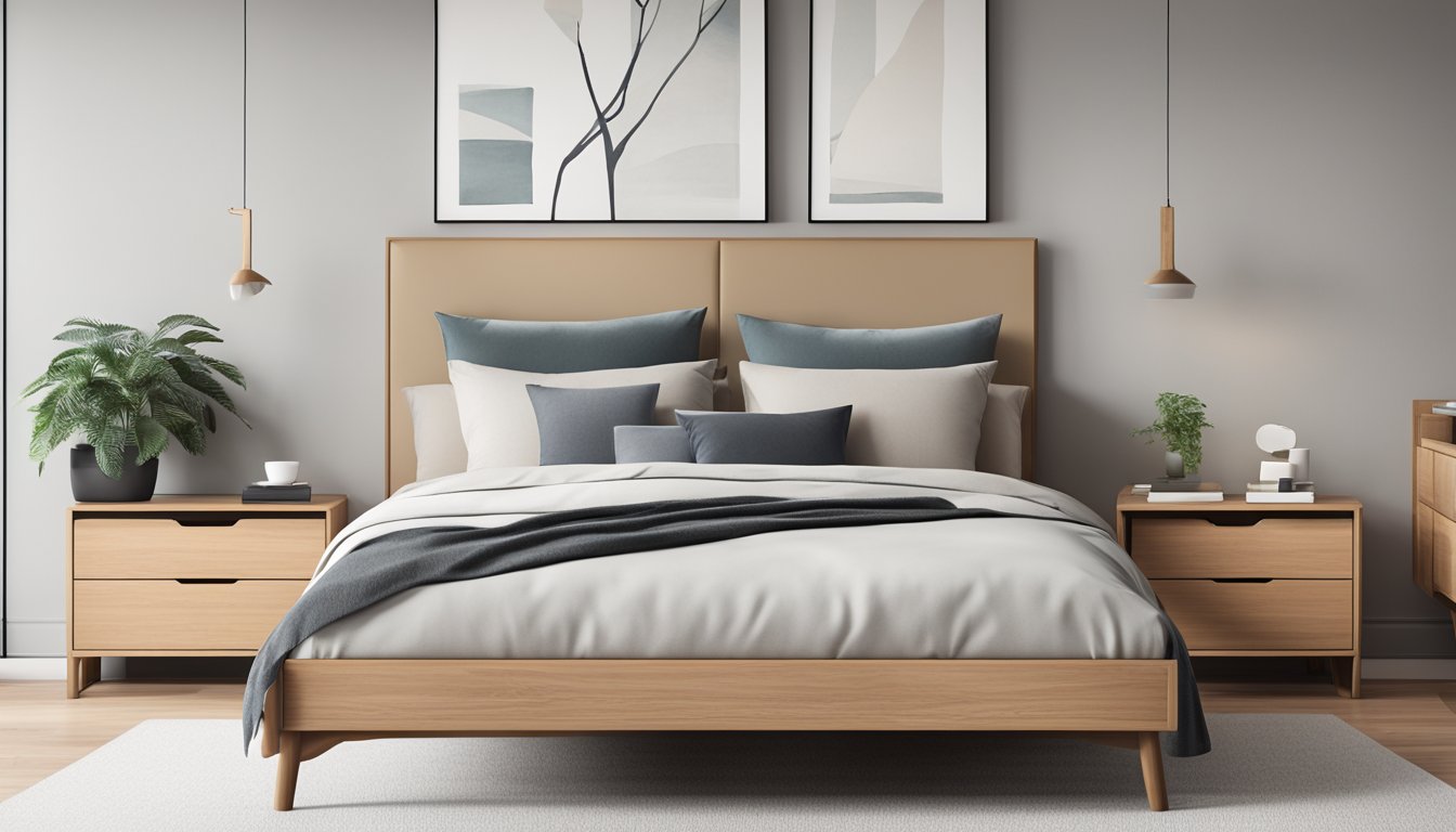 A wooden storage bed frame in a minimalist bedroom with clean lines and neutral colors. The bed frame is sleek and modern, with built-in drawers for storage underneath