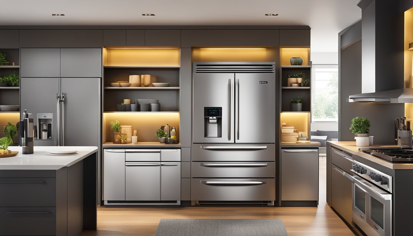 A sleek 2-door fridge stands in a modern kitchen, its stainless steel exterior gleaming under the warm glow of recessed lighting. The fridge doors are open, revealing spacious shelves and compartments