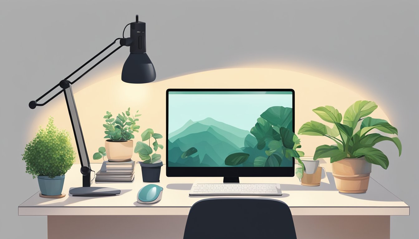 A compact computer desk with drawers is neatly organized, with a laptop, keyboard, and mouse in place. A desk lamp provides soft lighting, and a potted plant adds a touch of greenery