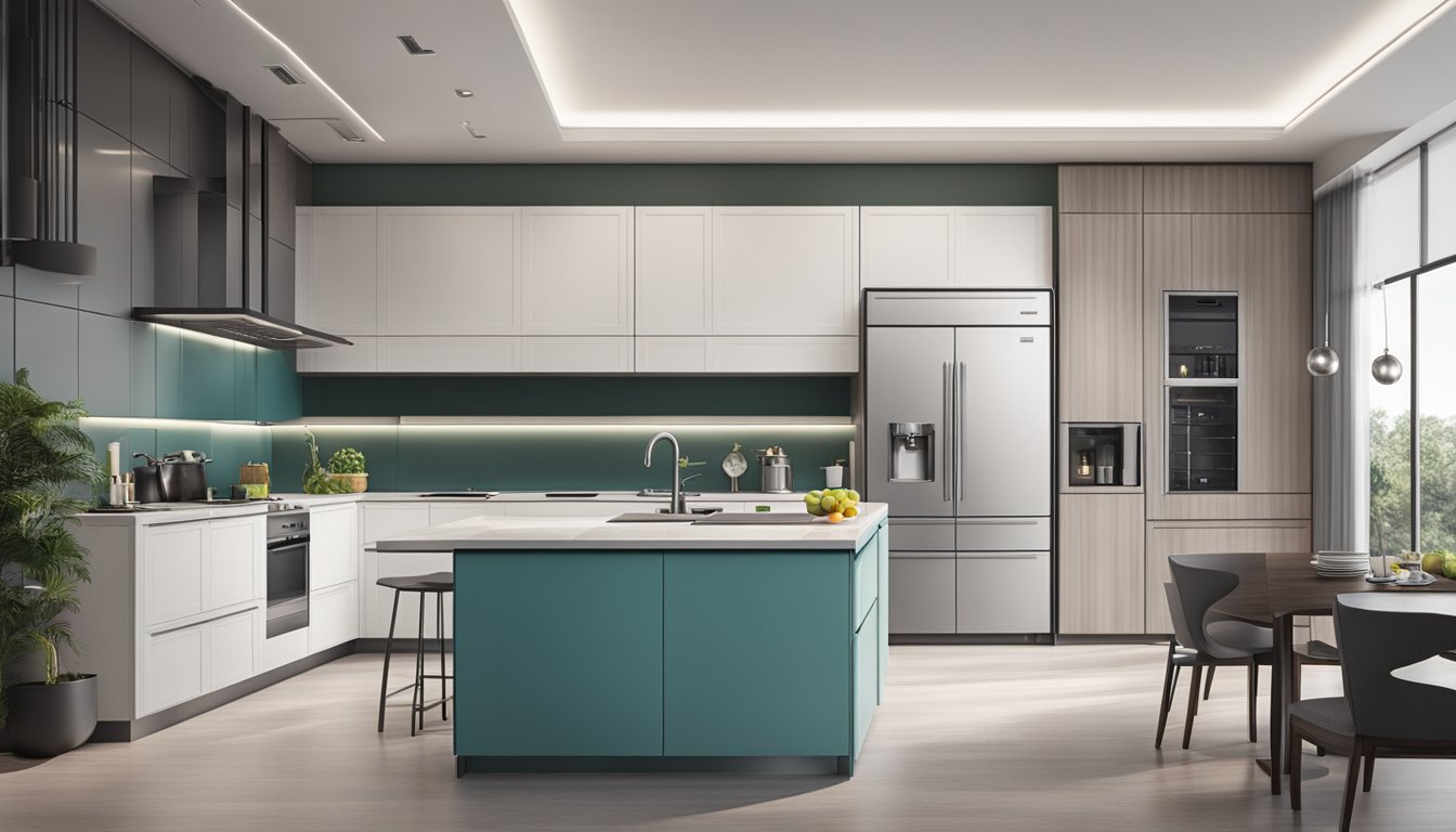A sleek, modern kitchen with a prominent refrigerator displaying top Singaporean brands