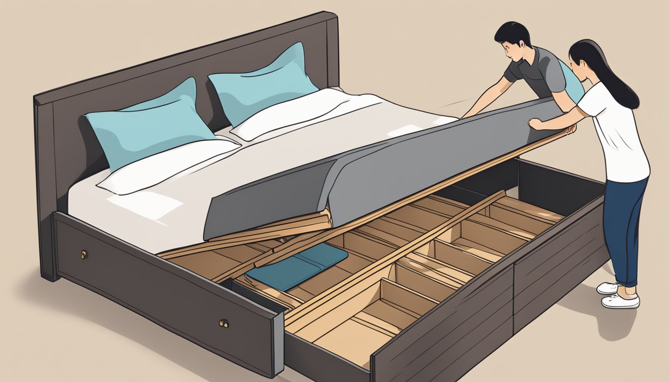 A person opens drawers of a wooden storage bed frame in Singapore