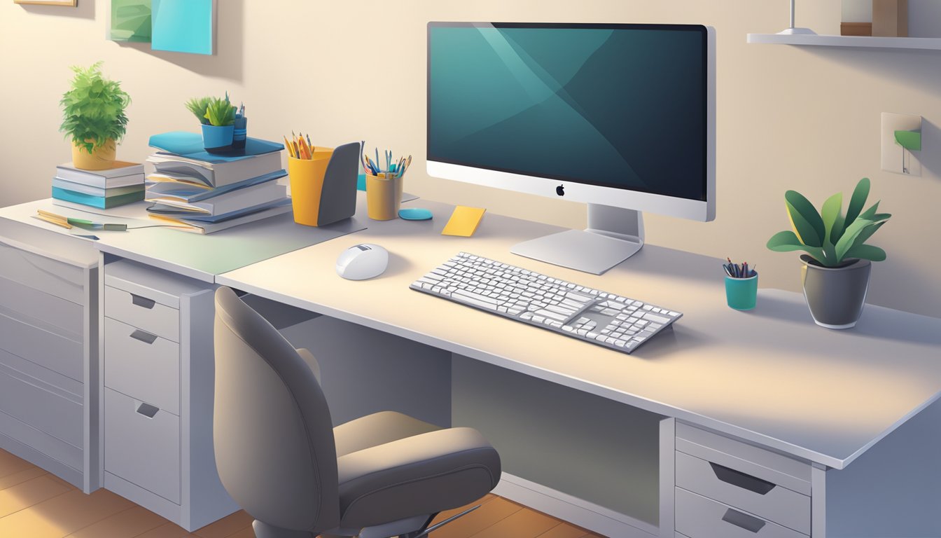 A compact computer desk with drawers sits in a well-lit room, neatly organized with a keyboard, mouse, and monitor on the surface