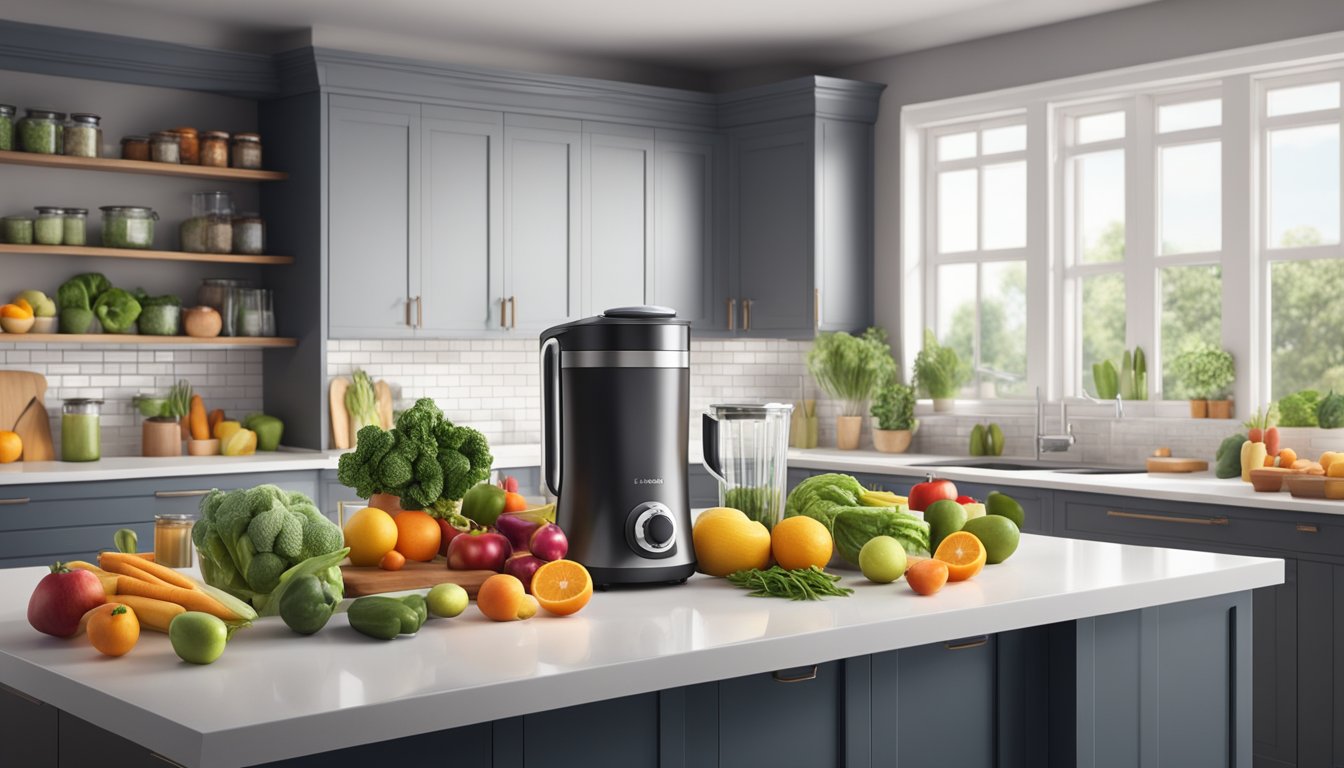 A sleek, modern kitchen with a powerful blender on the countertop, surrounded by fresh fruits and vegetables