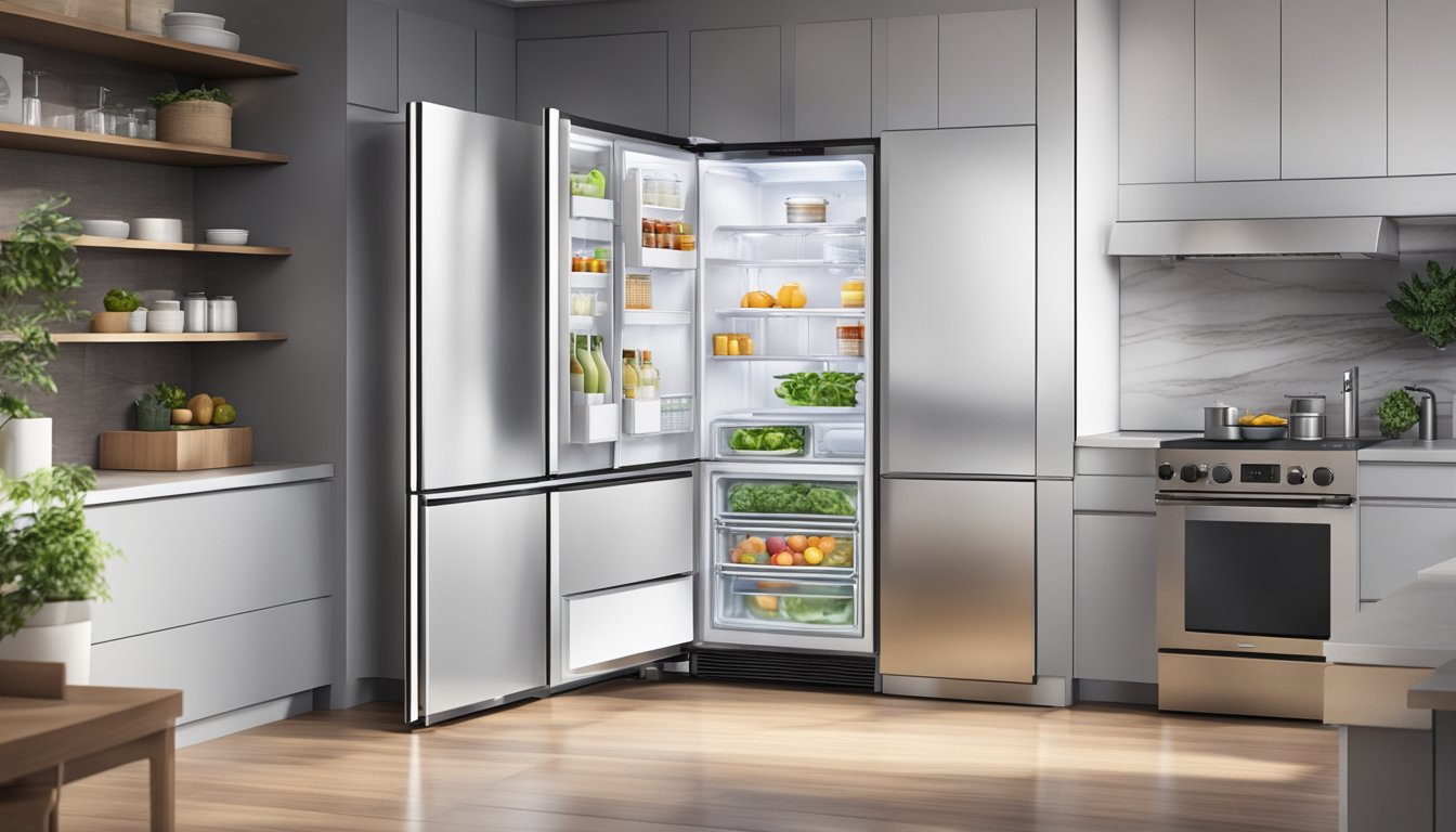 A sleek, modern 2-door fridge in a clean, contemporary kitchen setting, with a bright and spacious interior showcasing various compartments and features