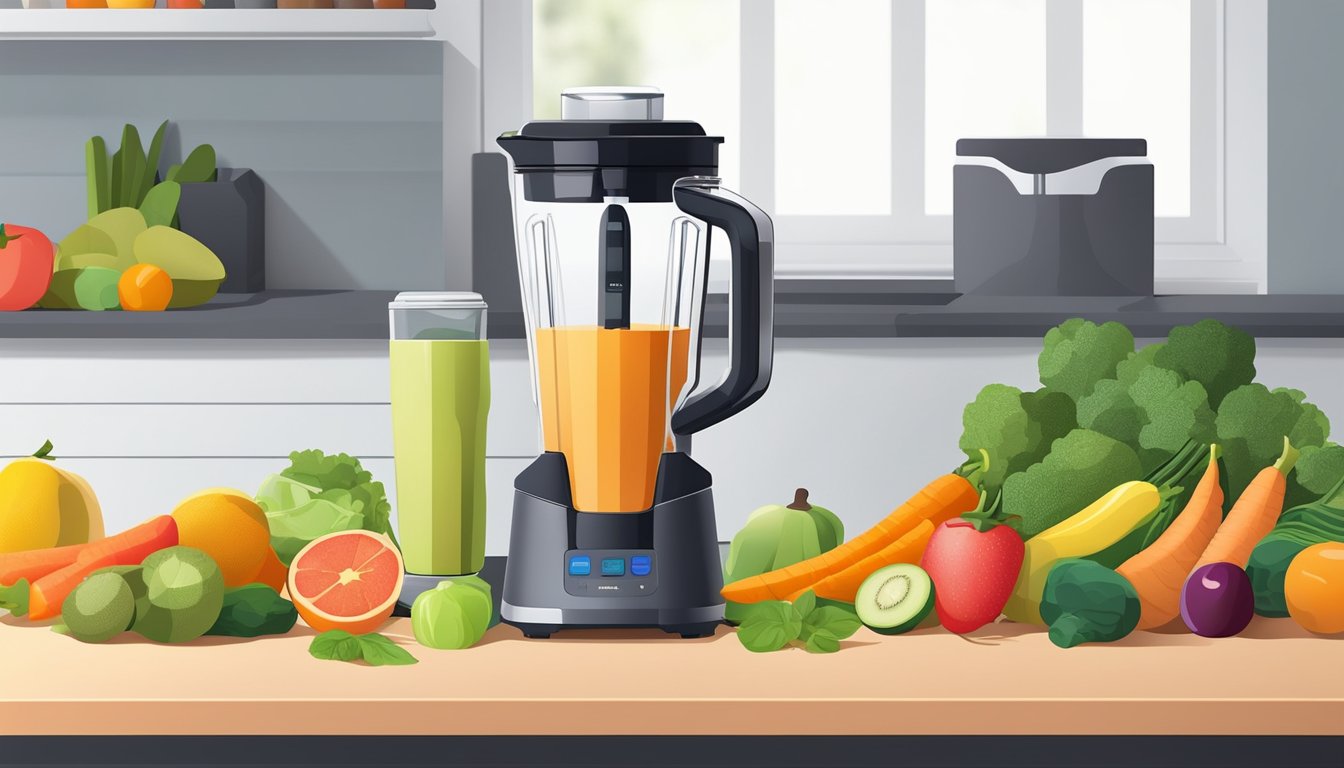 A variety of fresh fruits and vegetables are arranged neatly on a countertop next to a sleek, modern blender. The blender is plugged in and ready to go, with a vibrant smoothie already pouring out of it into a glass