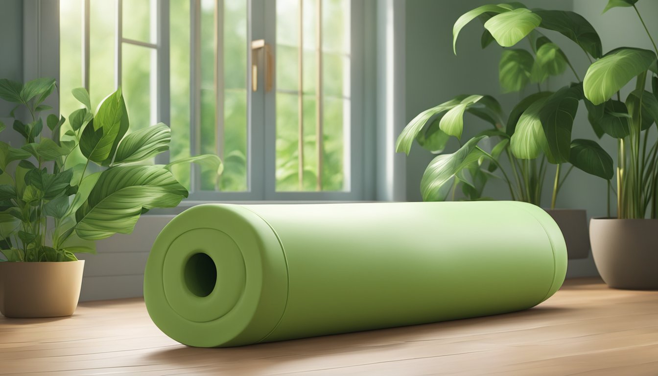 A natural latex bolster lies on a wooden floor, surrounded by lush green plants and bathed in soft, natural light