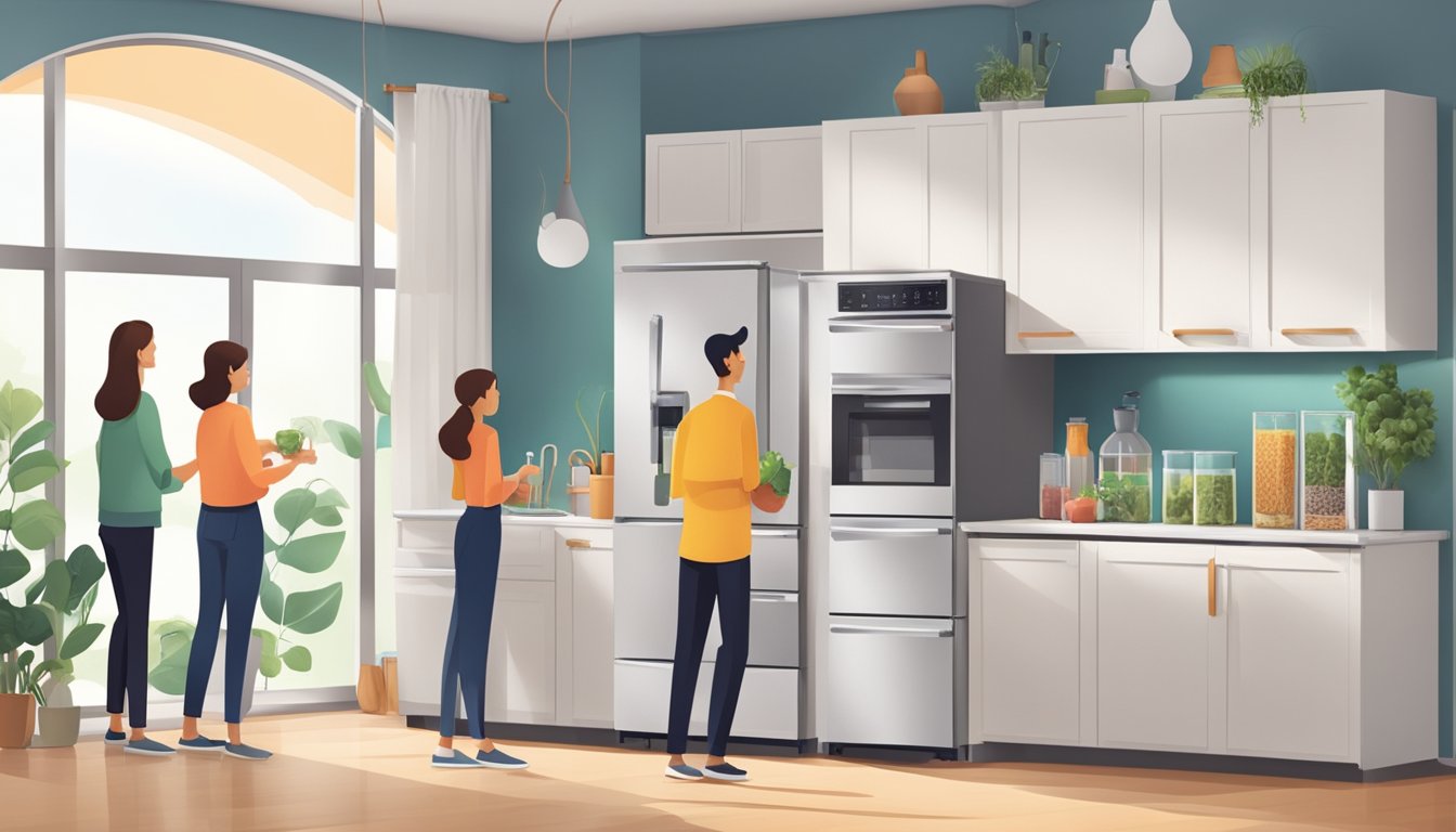 A family stands in a modern kitchen, comparing various refrigerator brands with energy-efficient labels, sleek designs, and spacious interiors
