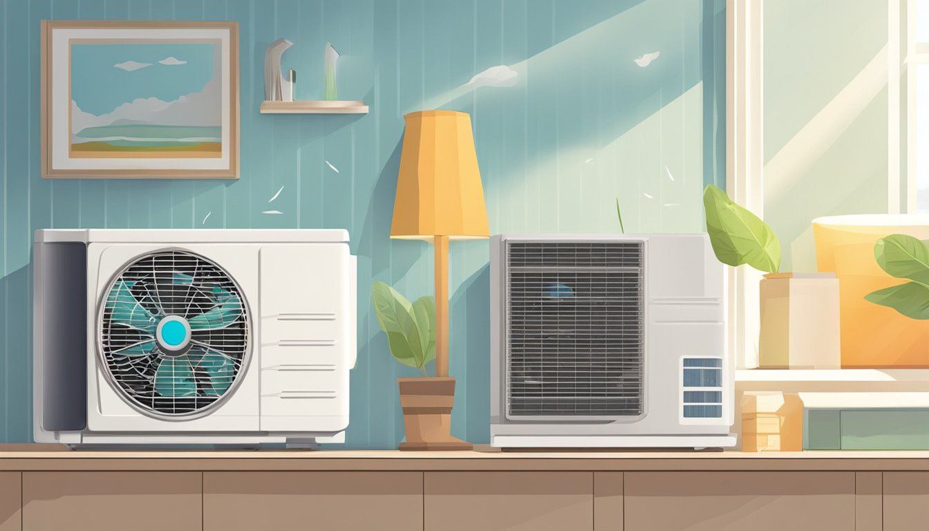 A fan and an air conditioner sit side by side, both blowing cool air into the room. The fan's blades spin rapidly while the air conditioner hums softly