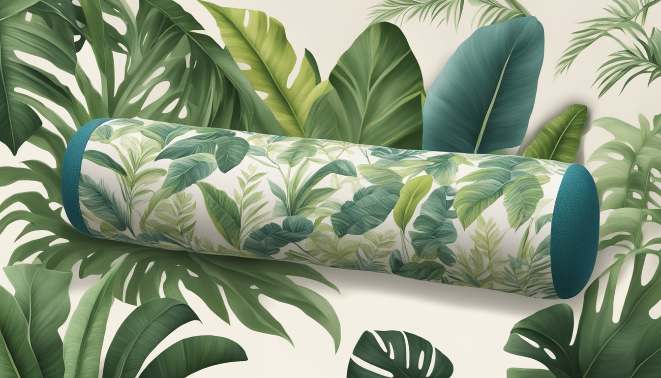 A natural latex bolster sits on a serene, nature-inspired background, surrounded by plants and natural elements. The bolster exudes a sense of comfort and support, inviting relaxation and wellness