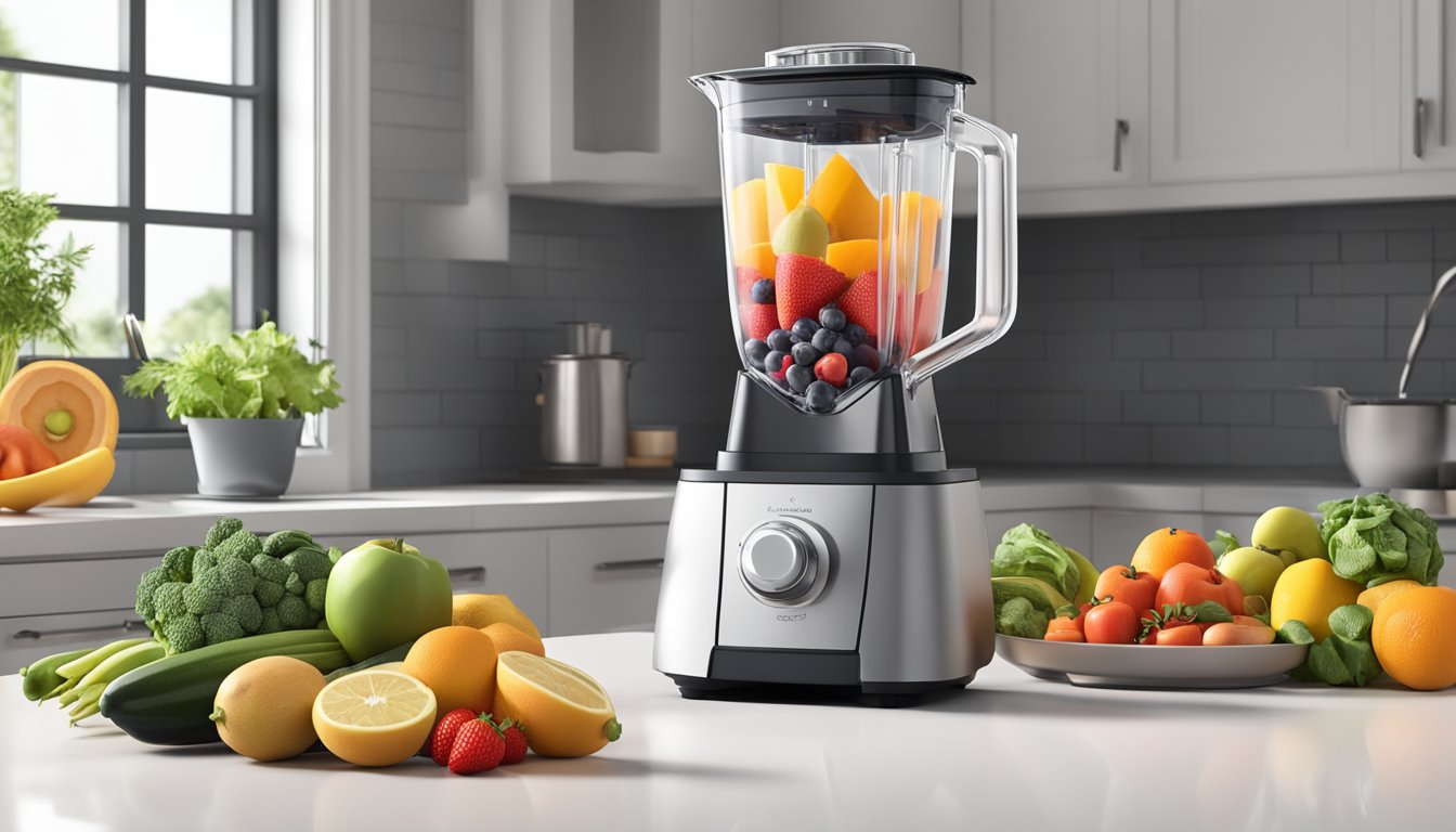 A sleek, modern blender sits on a clean kitchen counter, surrounded by various fresh fruits and vegetables. The blender is plugged in and ready to use