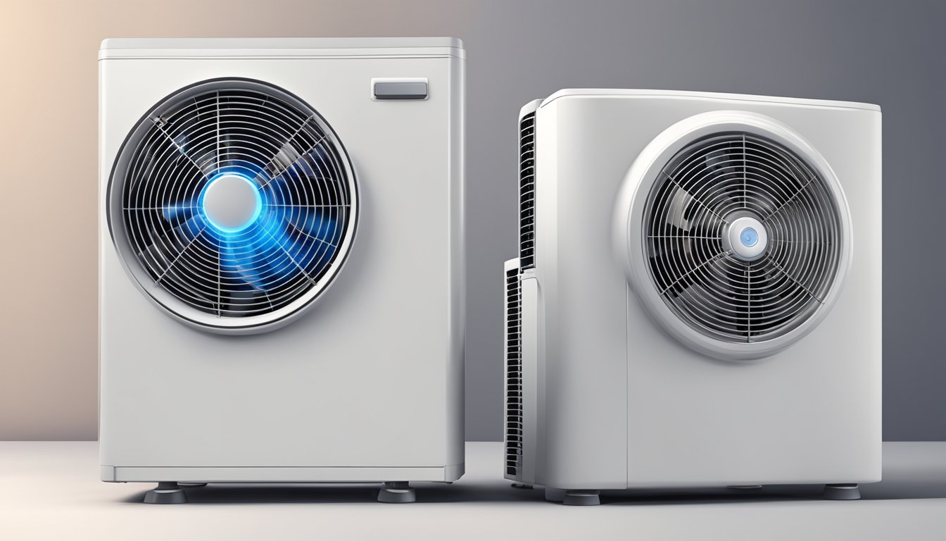 A fan and air conditioner sit side by side, with the fan blowing air and the air conditioner emitting cool air