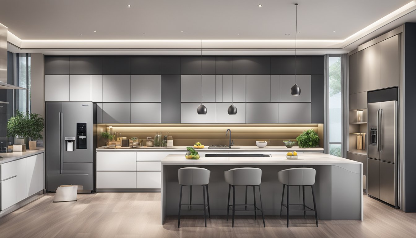 A modern kitchen with sleek, stainless steel refrigerators from top brands displayed in a showroom in Singapore