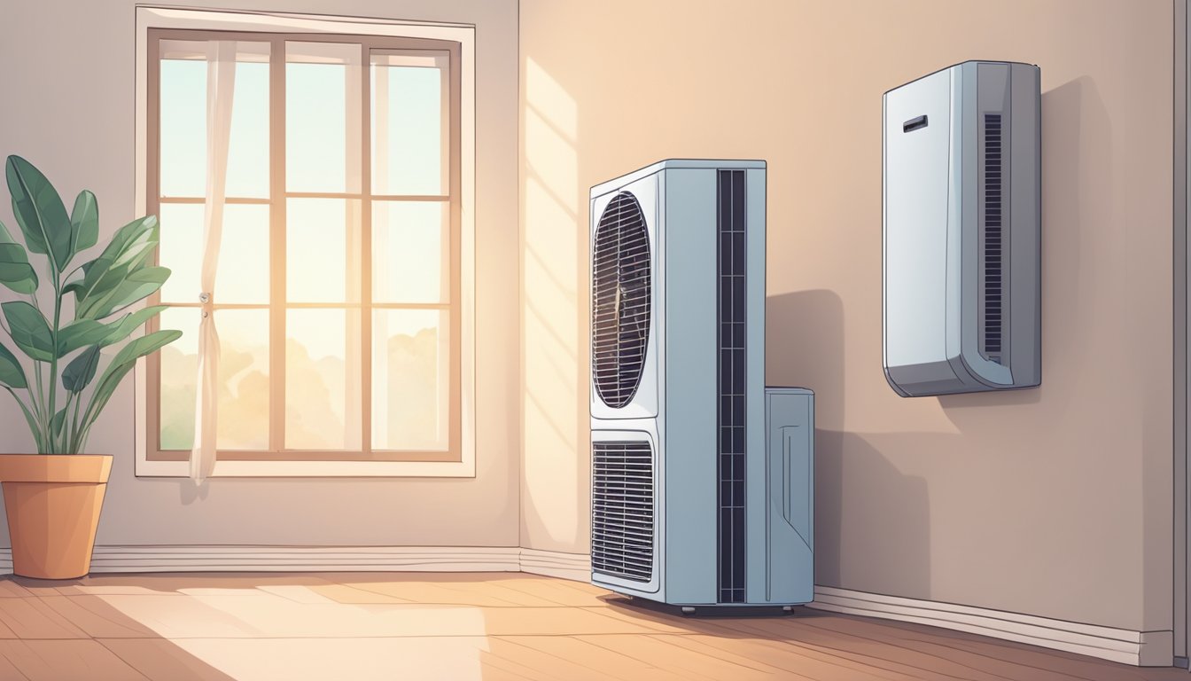 A fan and an air conditioner sit side by side in a room. The fan spins and circulates air, while the air conditioner hums and cools the space